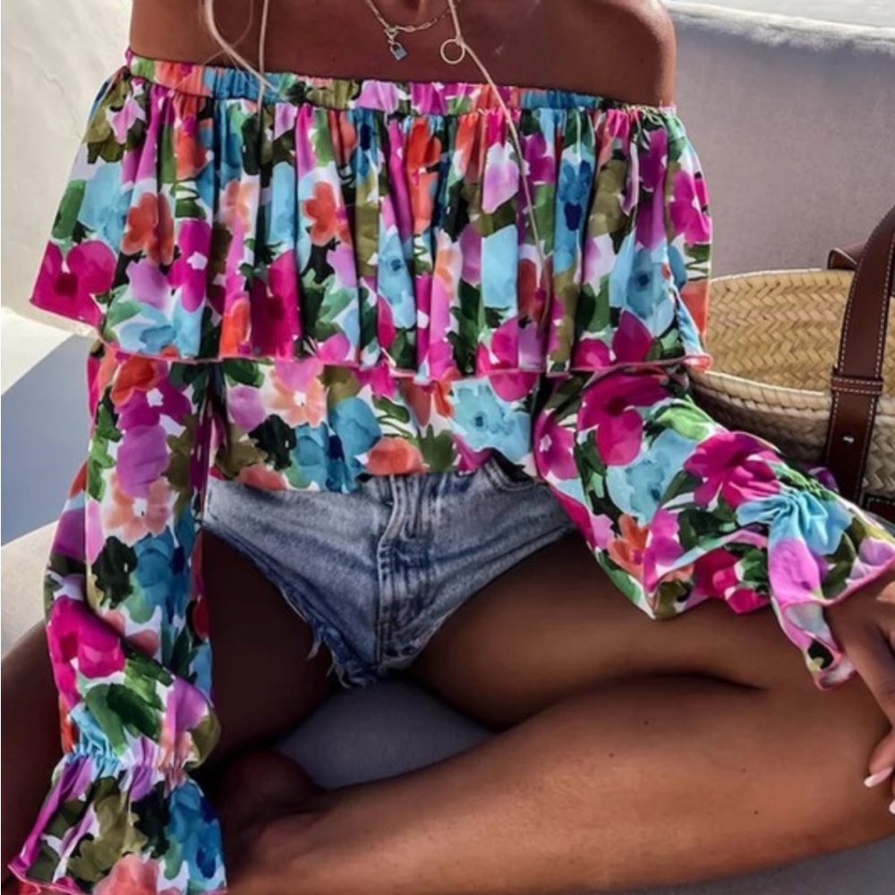 Pink and Blue Ruffled Off-the-Shoulder Blouse